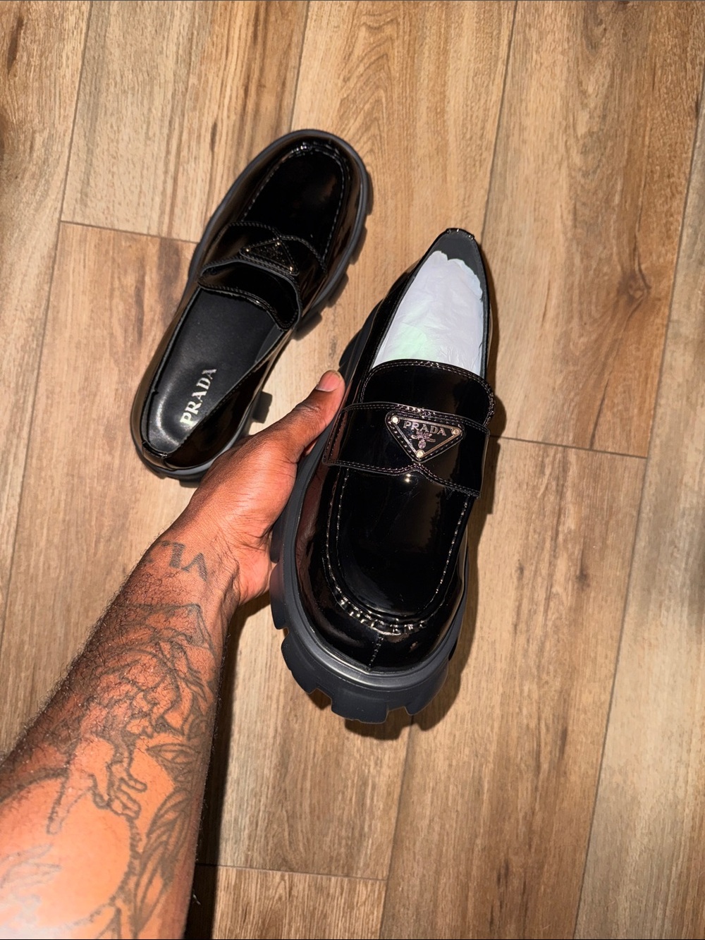Prada Black Patent Leather Lug-Sole Penny Loafers reps